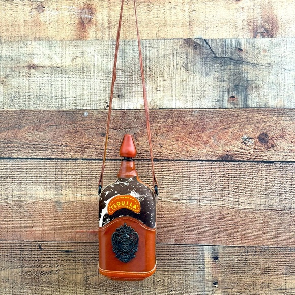 Vintage Leather/Cowhide Wrapped Tequila Collectable Bottle W Strap - Picture 1 of 6